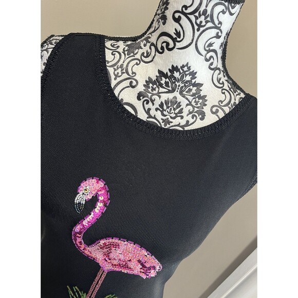 Sweater Works Womens Y2K Flamingo Sequin Knit Top Sz S Black Pink Mob Wife - Picture 2 of 12
